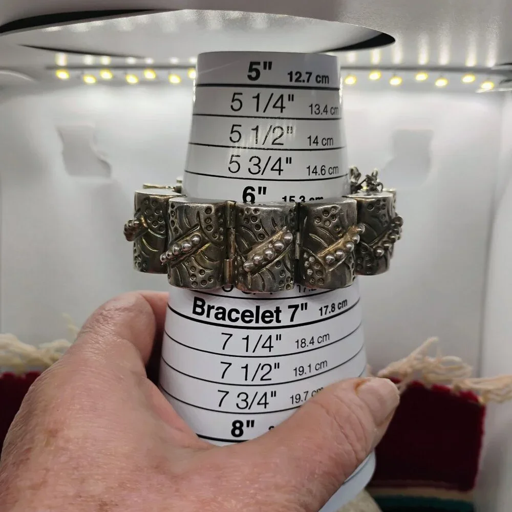 Heavy Solid Vtg Mexican Sterling Silver Barrel Link Bracelet 83g Handmade - Picture 6 of 8